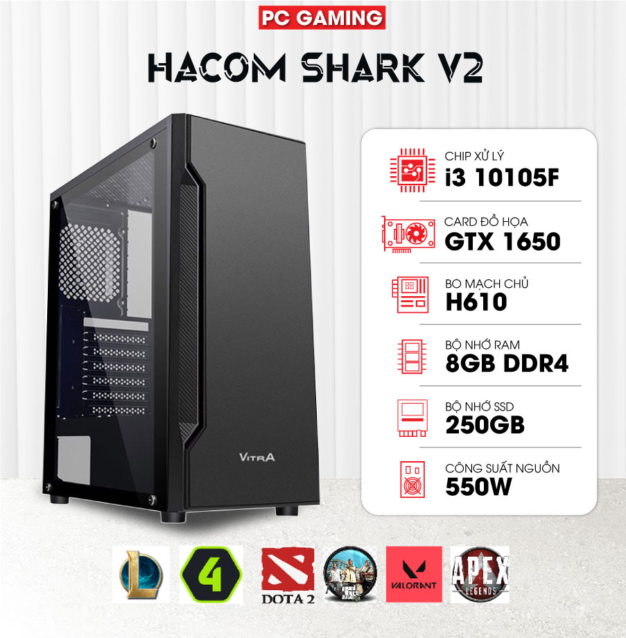 PC GAMING HACOM SHARK V2 (i3 10105F/H510/8GB RAM/250GB SSD/GTX 1650/450W)